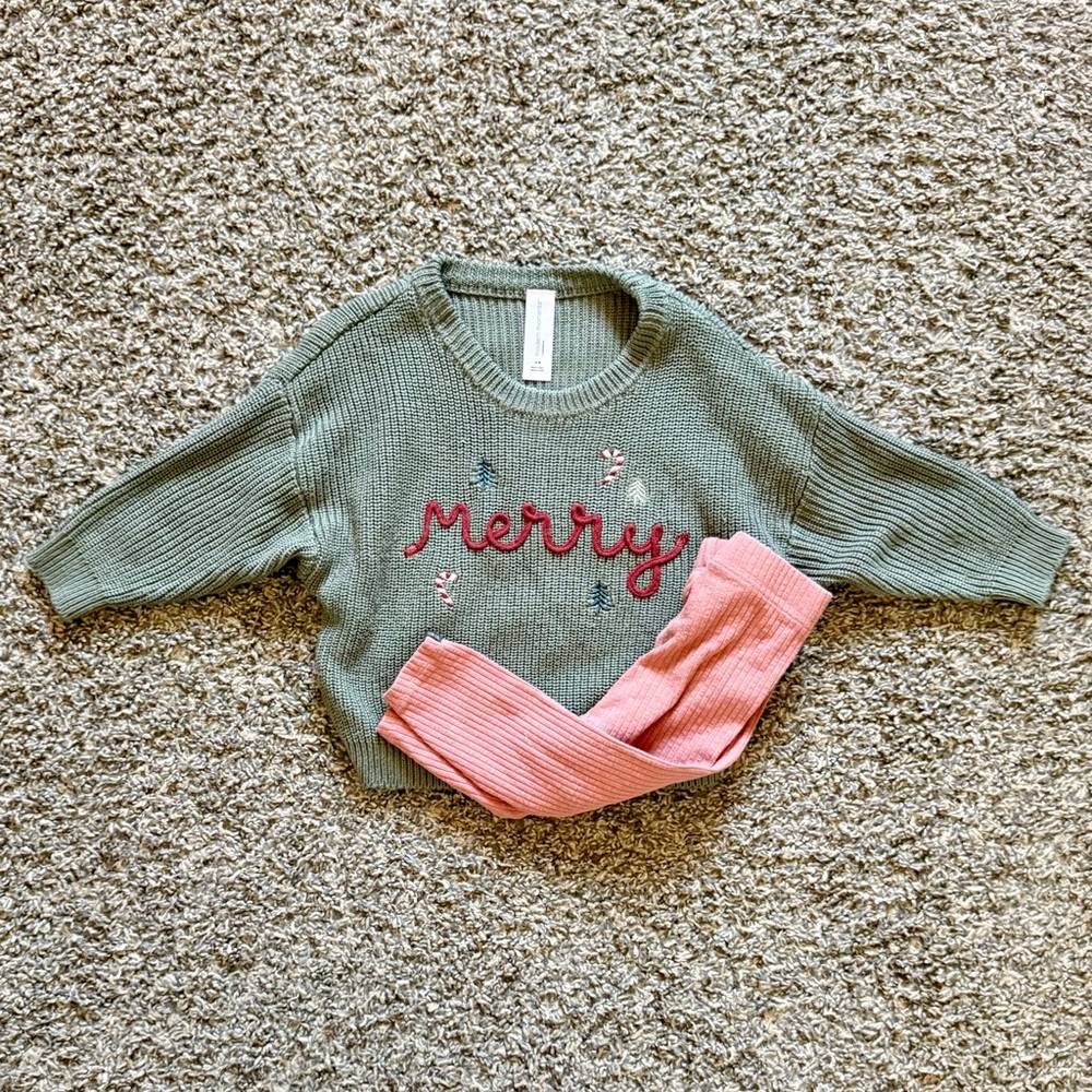 Modern Moments “Merry” Embroidered Green Knit Sweater with Red Ribbed Leggings